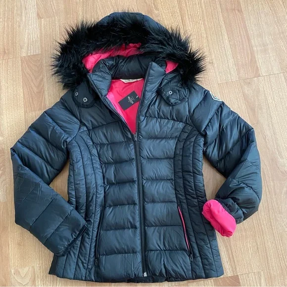 NWT Hollister Black & Pink Fur Hood Puffer Jacket - Picture 4 of 5